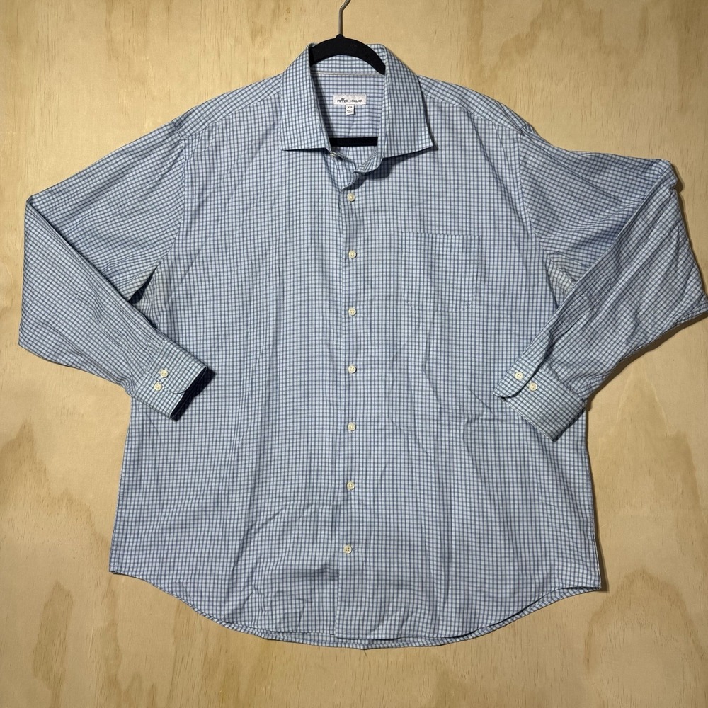 Peter Millar Mens XXL Blue Check Dress Shirt 100% Cotton Business Casual Golf